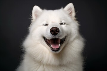 Portrait of a cheerful samoyed dog with a wide smile, isolated on a dark studio background