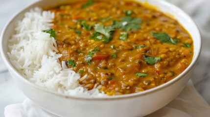 A bowl of comforting lentil dal curry, flavored with spices like cumin, turmeric, and garam masala, served with rice