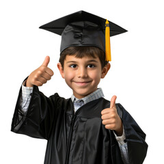 Kid in graduation cap and gown giving a thumbs up isolated on transparent background..