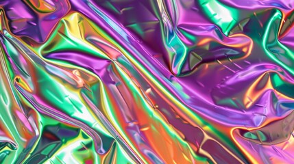 Fototapeta premium Modern bright neon metallic purple, green, orange colored psychedelic holographic foil texture. Abstract holographic background