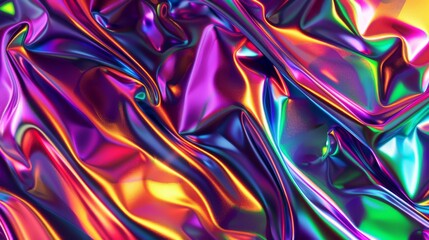 Obraz premium Modern bright neon metallic purple, green, orange colored psychedelic holographic foil texture. Abstract holographic background