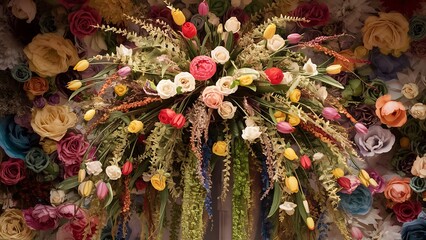 Fototapeta premium Artificial flowers background decoration artificial flower fabric bouquet backdrop background