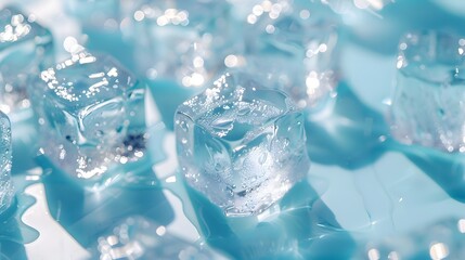 Obraz premium A closeup of ice cubes on light blue background, showcasing their crisp and refreshing appearance. creating an atmosphere that evokes coolness and freshness.