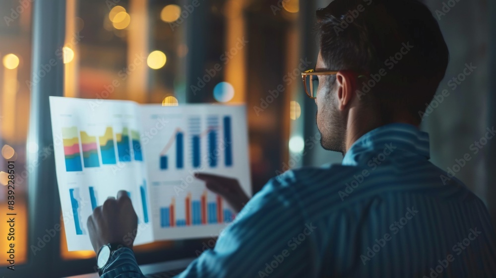 Poster a businessman reviewing quarterly earnings reports with colorful line graphs and bar charts, assessi