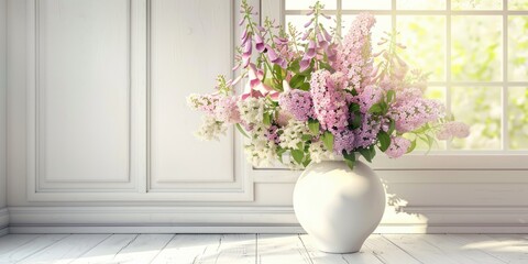 lilac foxglove flowers in white vase interior home decoration, ai