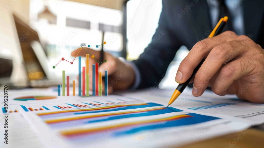 Poster a businessman reviewing quarterly earnings reports with colorful line graphs and bar charts, assessi