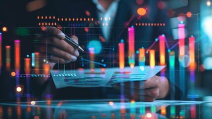 A businessman reviewing quarterly earnings reports with colorful line graphs and bar charts, assessing business performance
