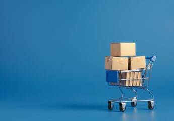 A blue backdrop featuring a toy shopping cart loaded with boxes. Space for text or design, symbolizing sales, discounts, shopping, and delivery trends in consumer society.