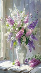 Obraz premium lilac foxglove flowers in white vase interior home decoration, ai