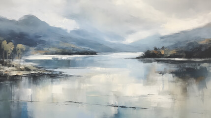 Fototapeta premium Minimalist landscape art of a tranquil lake in the mountains