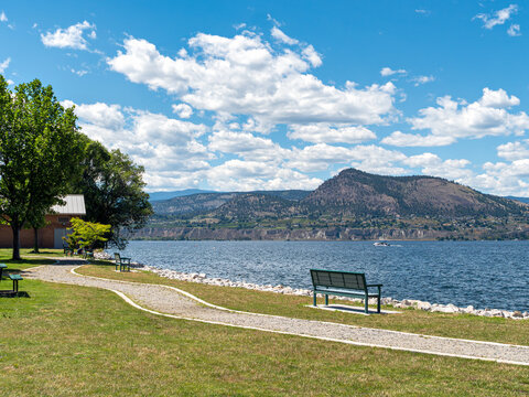 Scenery Okanagan lake overview with the bench at the waterfront