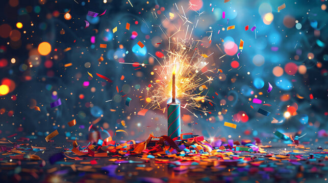Festive illustration of a firecracker exploding with vibrant confetti and serpentine