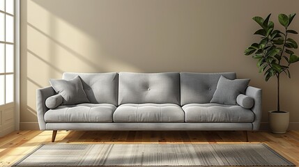 A sleek gray sectional sofa with clean lines and plush cushions, positioned against a neutral-toned wall to create a minimalist yet cozy atmosphere. Flat color illustration, shiny, Minimal and Simple,