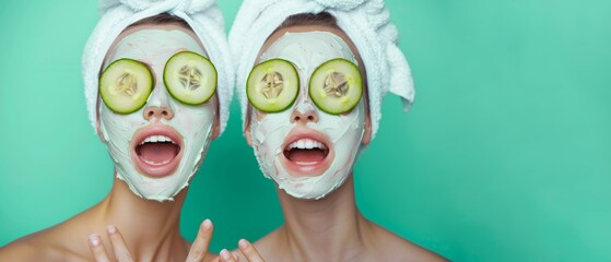 Beauty wellness spa skin care cosmetics conept - Happy young pretty women, girlfriends with mask and cucumber slices on their faces, isolated on green background