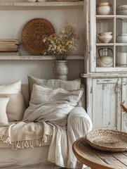 Cozy rustic living room with a soft beige sofa, decorative pillows, wooden shelves, and a cabinet. Ideal for interior design inspiration.