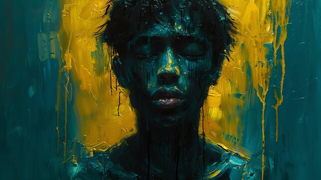 Abstract portrait of a person covered in blue paint with a yellow background.