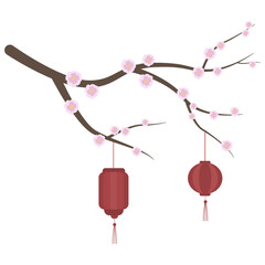 Illustration with sakura isolated on a white background. Banner with blooming cherry blossom and red chinese traditional lanterns