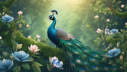 Obraz premium Melody of Verdant Beauty: Flourishing Forests Graced by Peacock and Flowers