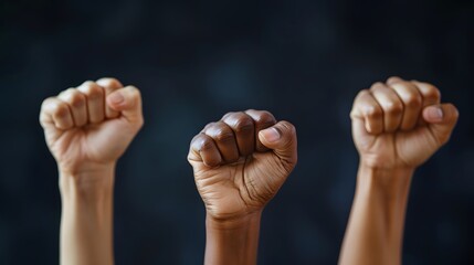 A group of diverse hands raised in the air, showing strength and unity for black history month. It's an inspiring scene that symbolizes struggle yet hope.