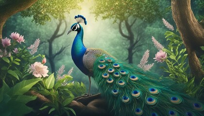 Fototapeta premium Melody of Verdant Beauty: Flourishing Forests Graced by Peacock and Flowers