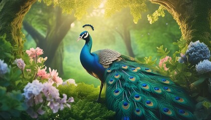 Fototapeta premium Melody of Verdant Beauty: Flourishing Forests Graced by Peacock and Flowers