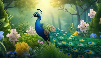 Fototapeta premium Melody of Verdant Beauty: Flourishing Forests Graced by Peacock and Flowers