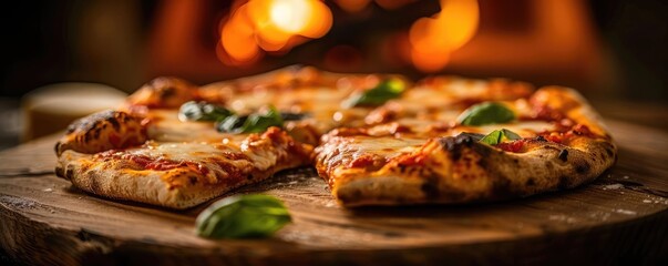 Delicious stone-baked pizza with fresh basil on a wooden board in front of a warm, glowing fire. Perfect for any culinary-themed project.