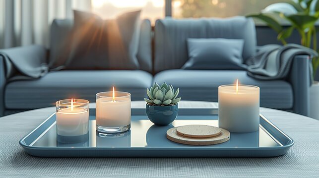 A simple and elegant tray on the coffee table, corralling small decorative items like candles, coasters, and a small potted succulent. Flat color illustration, shiny, Minimal and Simple,