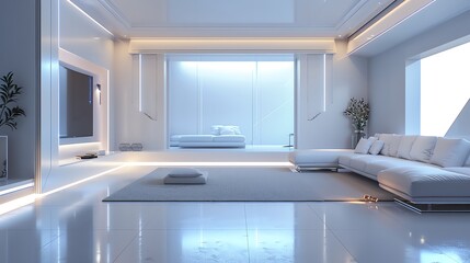 Tilted angle view of a minimalist living room, sleek white furniture, futuristic LED lighting embedded in walls, subtle reflections on polished surfaces, photorealistic, HD render