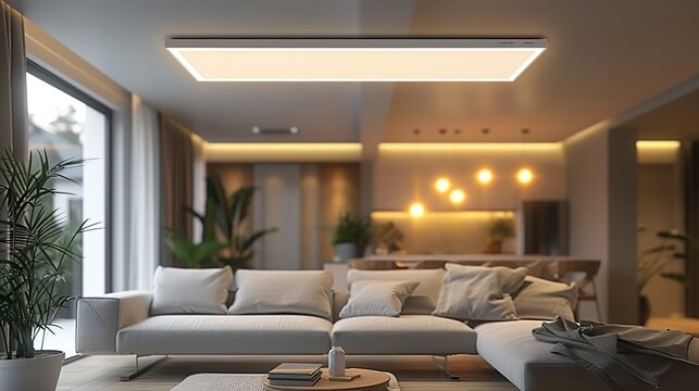 A modern ceiling light fixture with a clean, linear design and LED bulbs, providing ample illumination and a sleek look. Flat color illustration, shiny, Minimal and Simple,