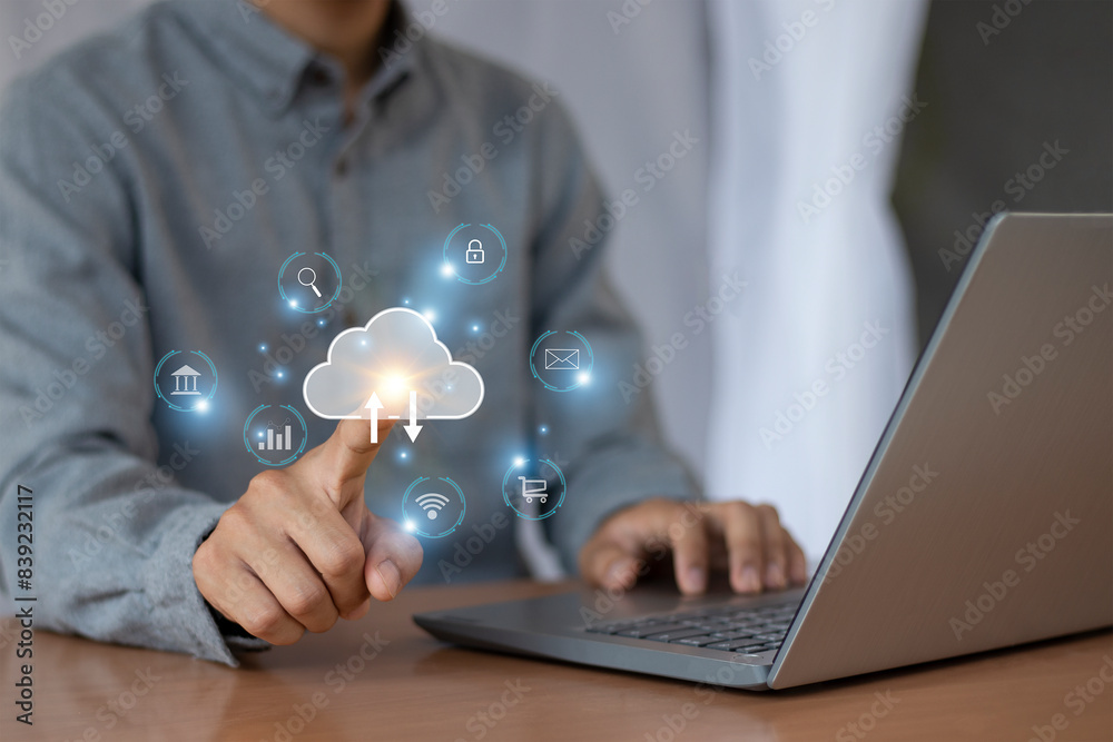 Wall mural cloud computing shown in hand cloud technology data storage, data transfer, network and internet ser