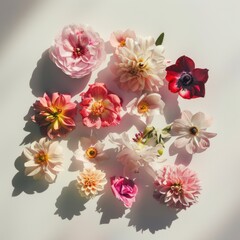 top shot flatlay flowers on white background with shadows, ai