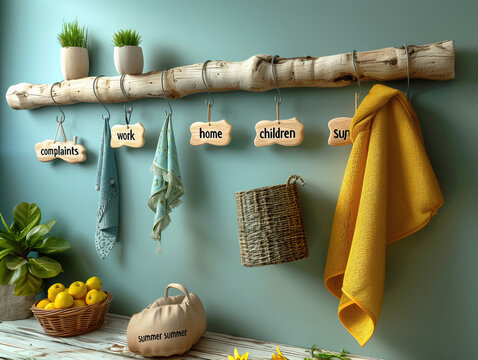 bambu a modo de perchero sobre pared azul turquesa, sujetando diferentes carteles cotidianos, concepto, dejar las quejas, casa, trabajo, hijos, colgadas y prepararse para el verano, salud mental, paz