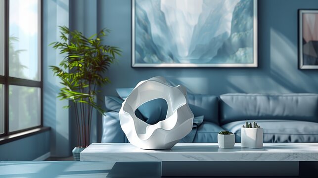 A modern sculpture in a geometric design, placed on the media console as a focal point and a conversation starter. Flat color illustration, shiny, Minimal and Simple,