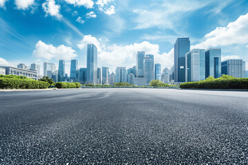 Wide asphalt roads and modern city buildings under a blue sky