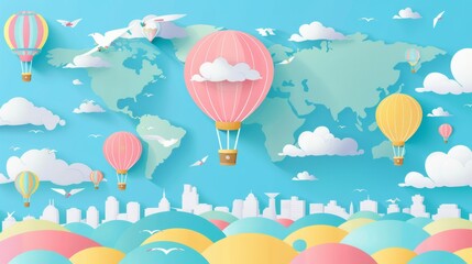 background for a main slide in a presentation, clean and minimal, around the world in an air baloon themed, kids friendly, vector art 