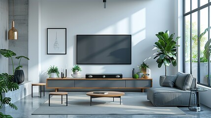 A modern credenza with a sleek design, providing additional storage and surface space for decorative items and media equipment. Flat color illustration, shiny, Minimal and Simple,