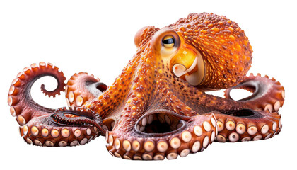 Obraz premium Intricate tentacles and expressive eyes of a vibrant orange octopus, showcasing its unique form and detailed texture, isolated on transparent background