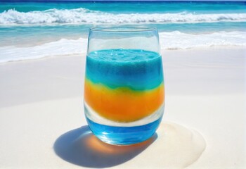 A glass of fresh juice on the sand of the azure ocean. Generative AI