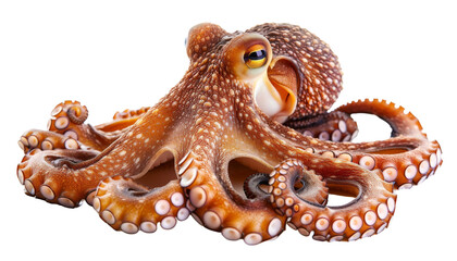 Fototapeta premium A vibrant orange octopus with detailed tentacles and expressive eyes, highlighting its unique form and texture, isolated on transparent background