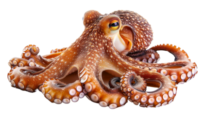 A vibrant orange octopus with detailed tentacles and expressive eyes, highlighting its unique form and texture, isolated on transparent background