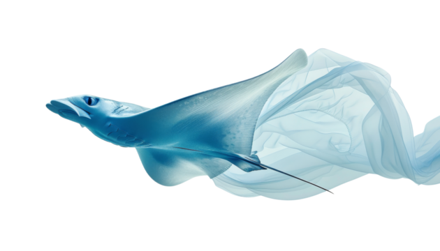 A sleek stingray glides effortlessly underwater, displaying its smooth body and graceful movements in the ocean, isolated on transparent background