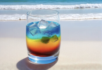 A glass of fresh juice on the sand of the azure ocean. Generative AI