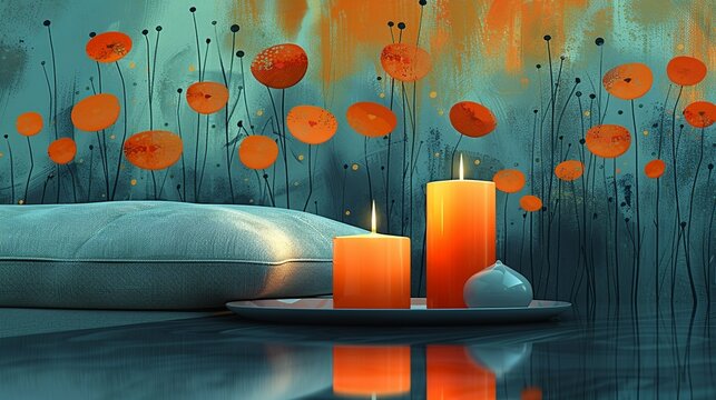 A pair of stylish candle holders with a modern design, placed on the end table to add a warm, inviting ambiance. Flat color illustration, shiny, Minimal and Simple,