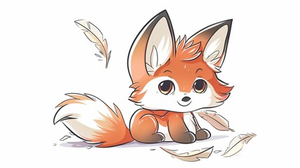 Obraz premium A cute cartoon fox is sitting with a cheerful expression, surrounded by falling feathers. The fox's bright orange fur and big ears give it an adorable and playful appearance.
