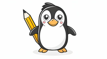 Obraz premium A cheerful cartoon penguin holding a large yellow pencil, creating a playful and artistic scene.