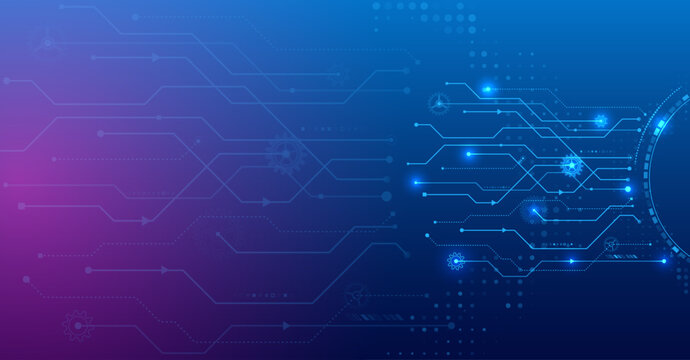 Science concept, circuit board and gear mechanism. Abstract hi tech communication for presentation or banner. Sci-fi blue background with various technology elements.