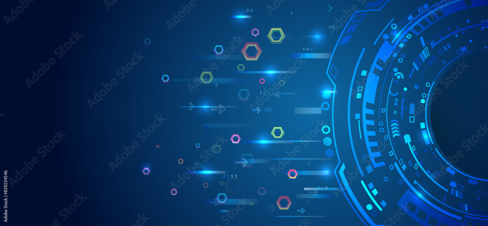 Poster Digital internet communication on blue background. Wide Cyber security internet and networking concept. Hi-tech vector illustration with various technology elements. Abstract global sci fi concept.