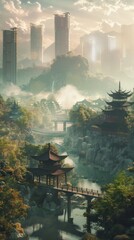 A visually striking and realistic DSLR photograph of an ancient Chinese landscape with modern elements integrated