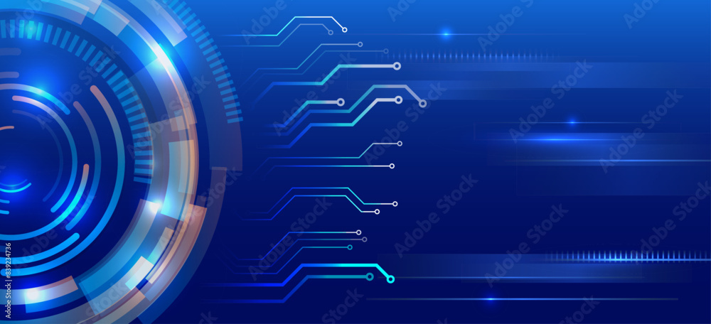 Fototapete Hi-tech vector illustration with various technology elements. Abstract global sci fi concept. Digital internet communication on blue background. Wide Cyber security internet and networking concept.